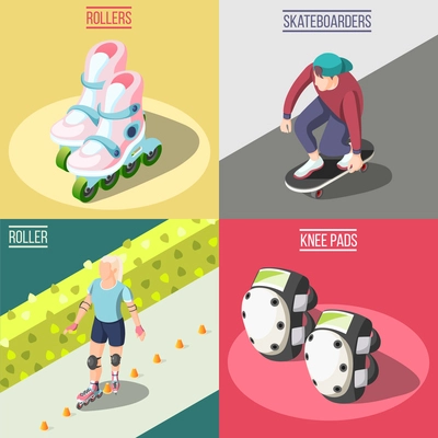 Roller and skateboarders 2x2 design concept with knee pads rollers and young athletes involved in extreme sport isometric vector illustration