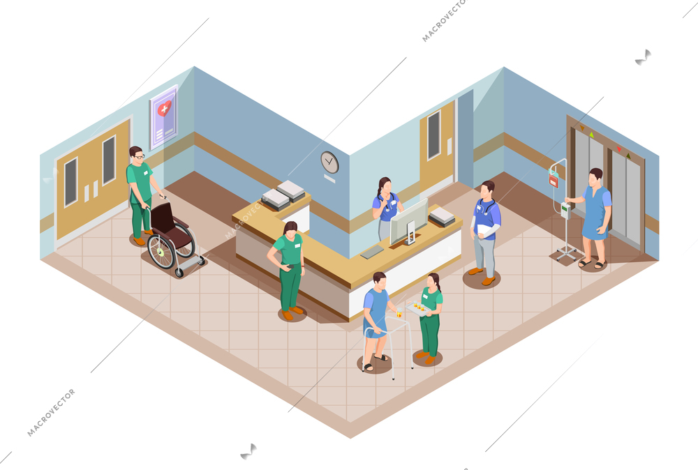 Medical equipment isometric composition with hospital lobby interior and health care workers in uniform with patients vector illustration