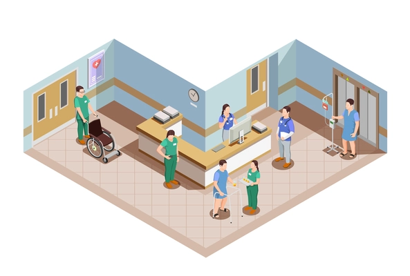 Medical equipment isometric composition with hospital lobby interior and health care workers in uniform with patients vector illustration