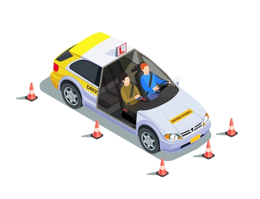 Driving school isometric composition with images of instructor and learner in car surrounded by safety cones vector illustration