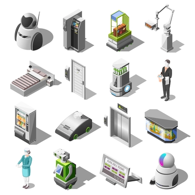 Robotized hotels isometric icons with robot waiter and cleaner personal assistant mechanical bellboy robotic baggage delivery isolated vector illustration