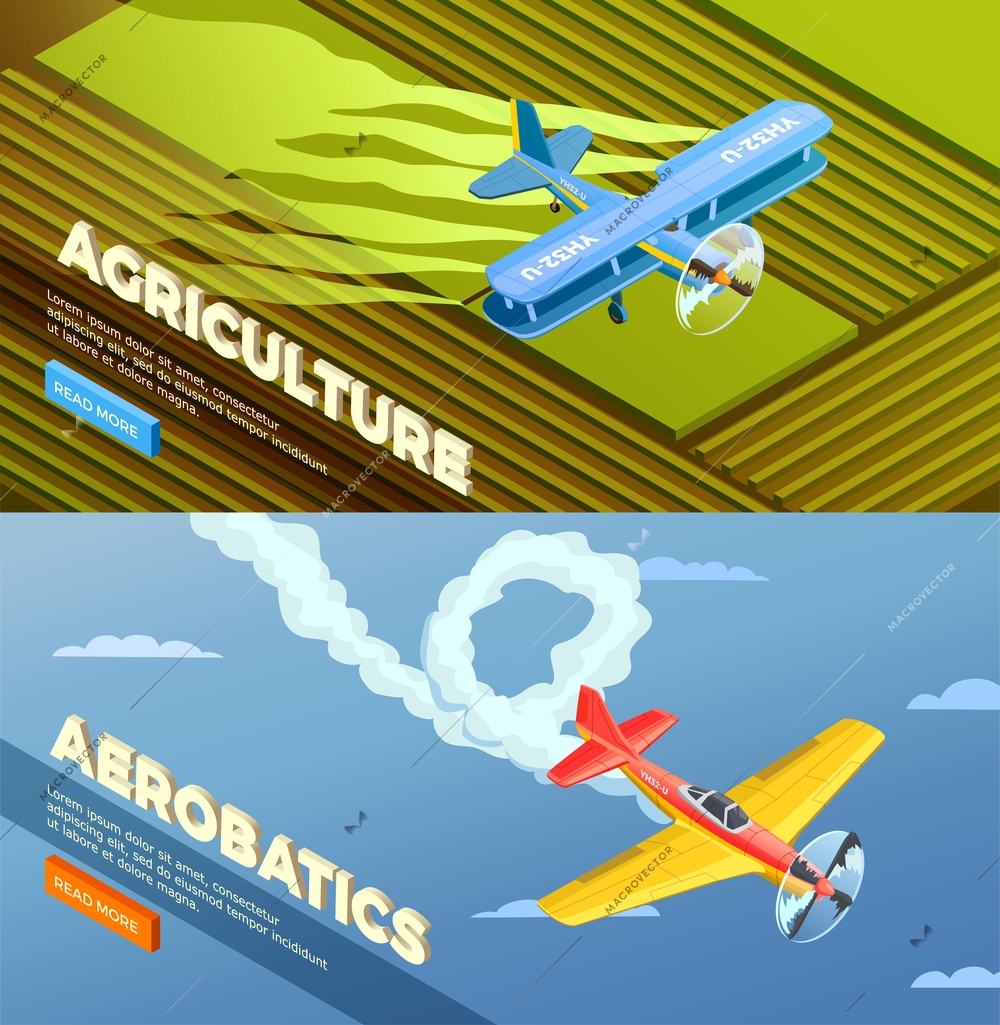 Airplanes helicopters isometric banners set with read more button and images of agricultural and aerobatic aeroplanes vector illustration