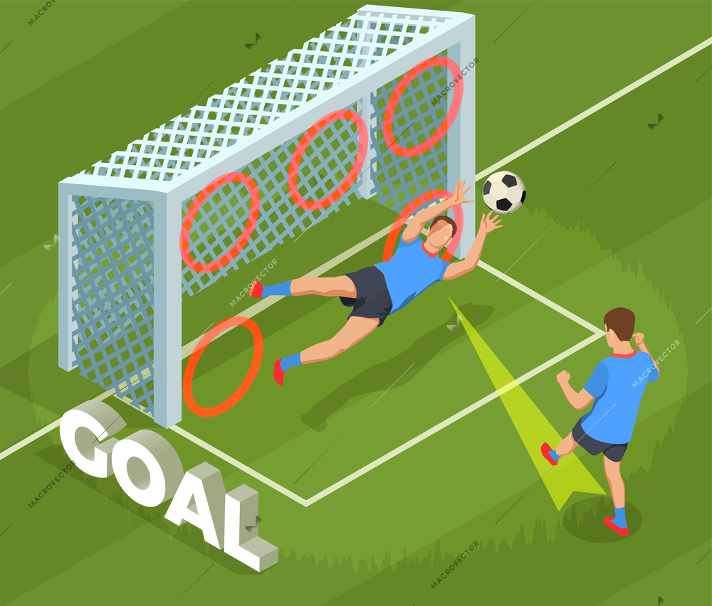 Football soccer isometric people composition with human character of player dropping goal into cage with text vector illustration