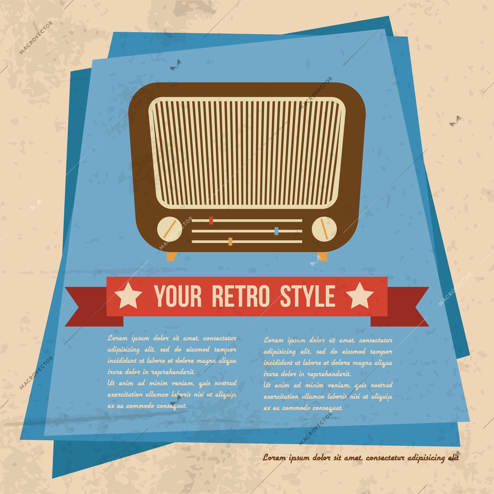 Retro style badge poster with old radio music shortwave tuner vector illustration