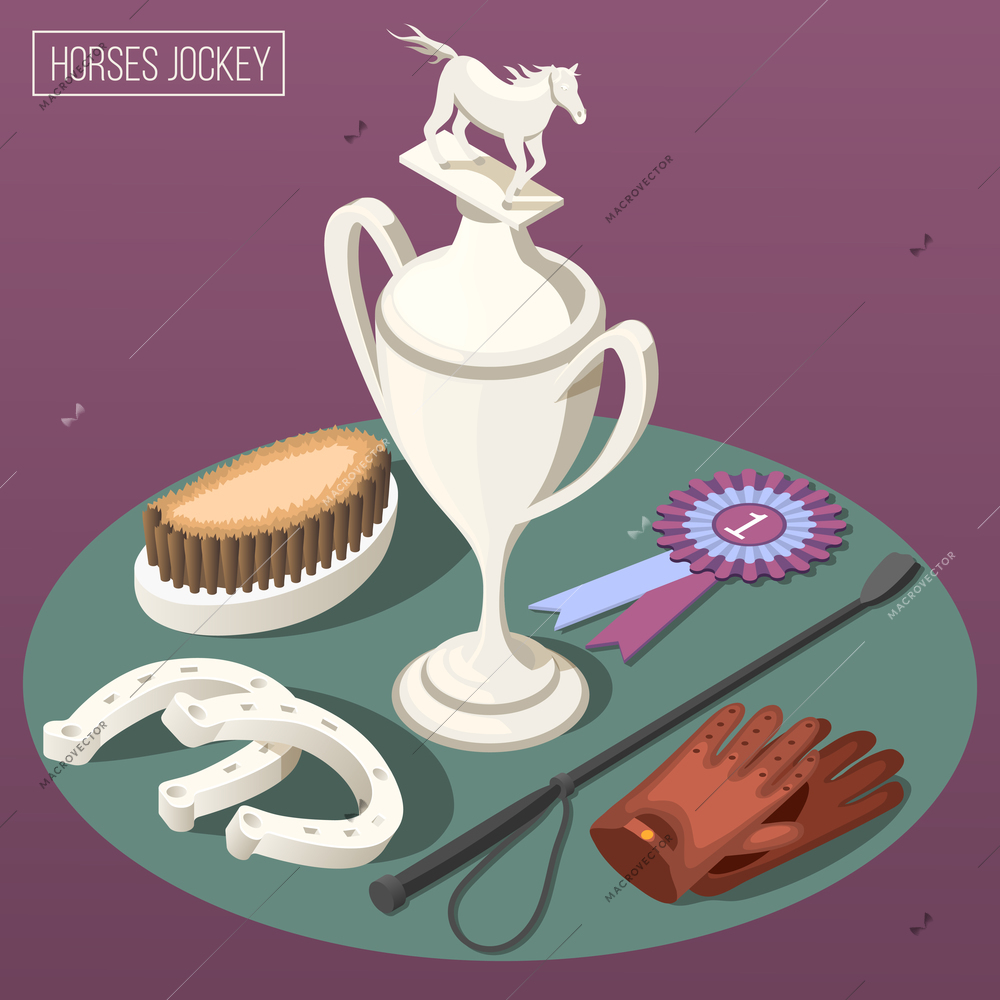 Equestrian sport isometric composition with winner cup horseshoe comb and jockey  accessories vector illustration