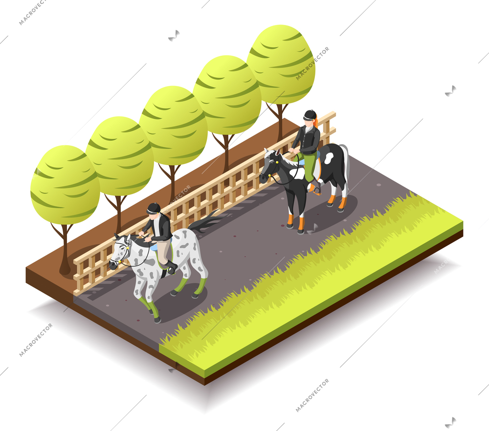 Horse riding isometric composition with riders on horseback in jockey equipment 3d vector illustration