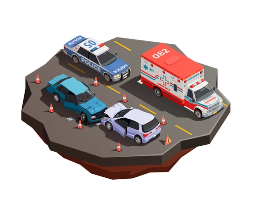 Public city transport isometric composition with two broken cars after collision with ambulance and police car vector illustration