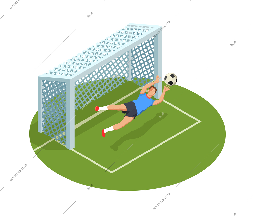 Football soccer isometric people composition with images of goal cage court and human character of goalkeeper vector illustration