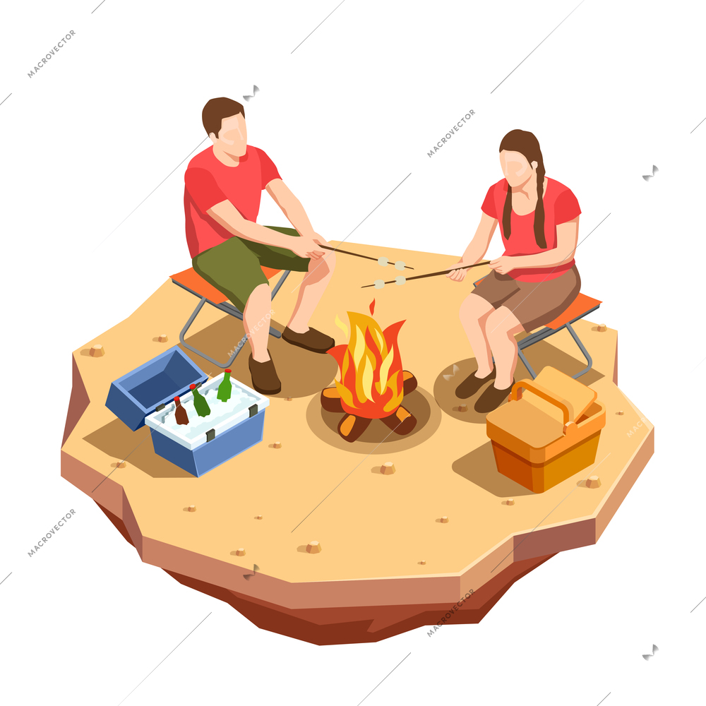 Camping hiking isometric icons composition with view of outdoor picnic date with campfire and a couple vector illustration