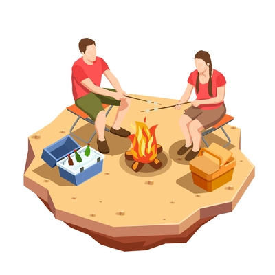 Camping hiking isometric icons composition with view of outdoor picnic date with campfire and a couple vector illustration