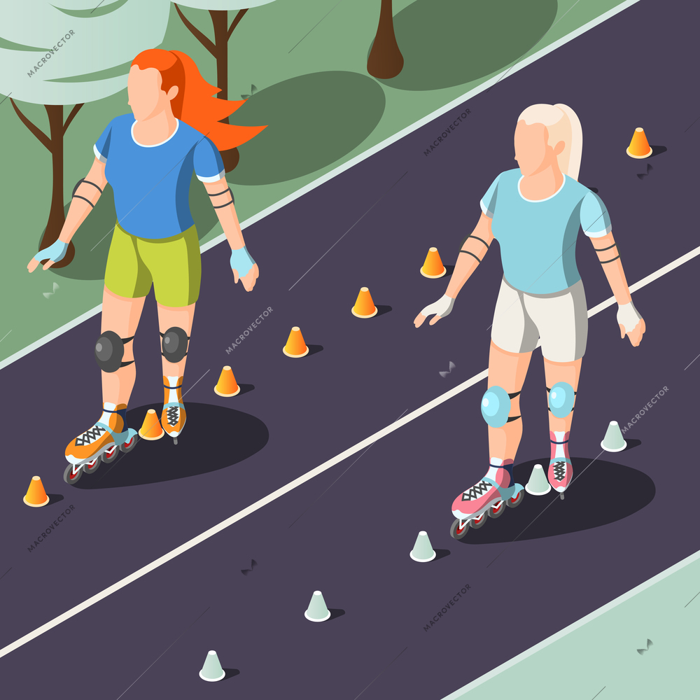 Two young women in sport uniform riding on rollers in park tracks isometric vector illustration