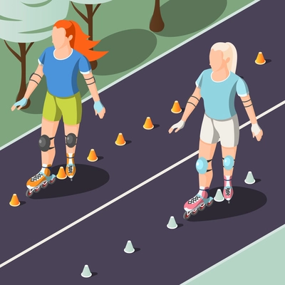 Two young women in sport uniform riding on rollers in park tracks isometric vector illustration