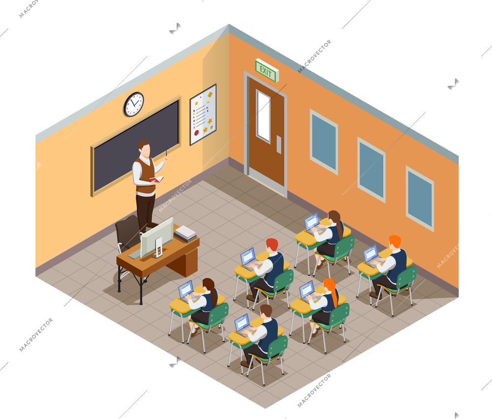 High school isometric people composition with images of students and teacher in classroom environment with furniture vector illustration