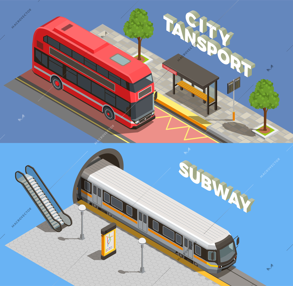 Public city transport isometric banners collection with horizontal compositions of text underground and surface transport vehicles vector illustration