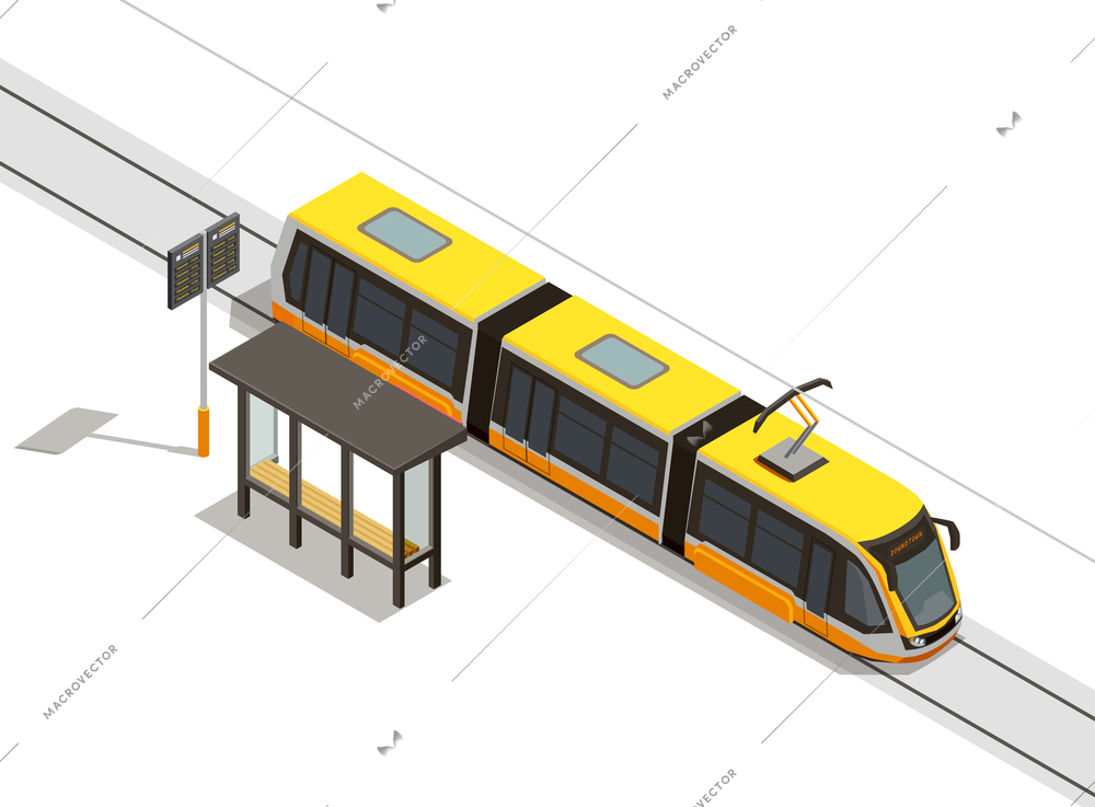 Public city transport isometric composition with view of streetcar line and rolling stock with transit shelter vector illustration