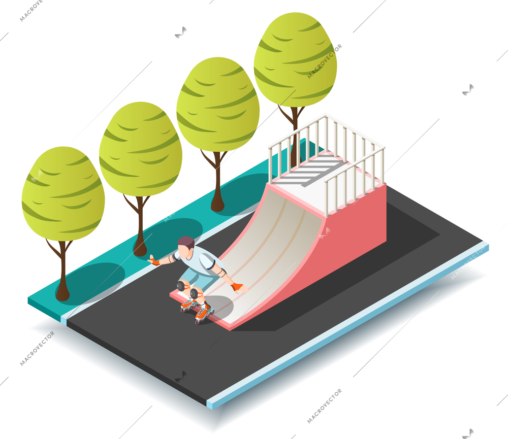 Sports ramp for roller and skateboarders with young sportsman with knee pads on rollers isometric design concept vector illustration