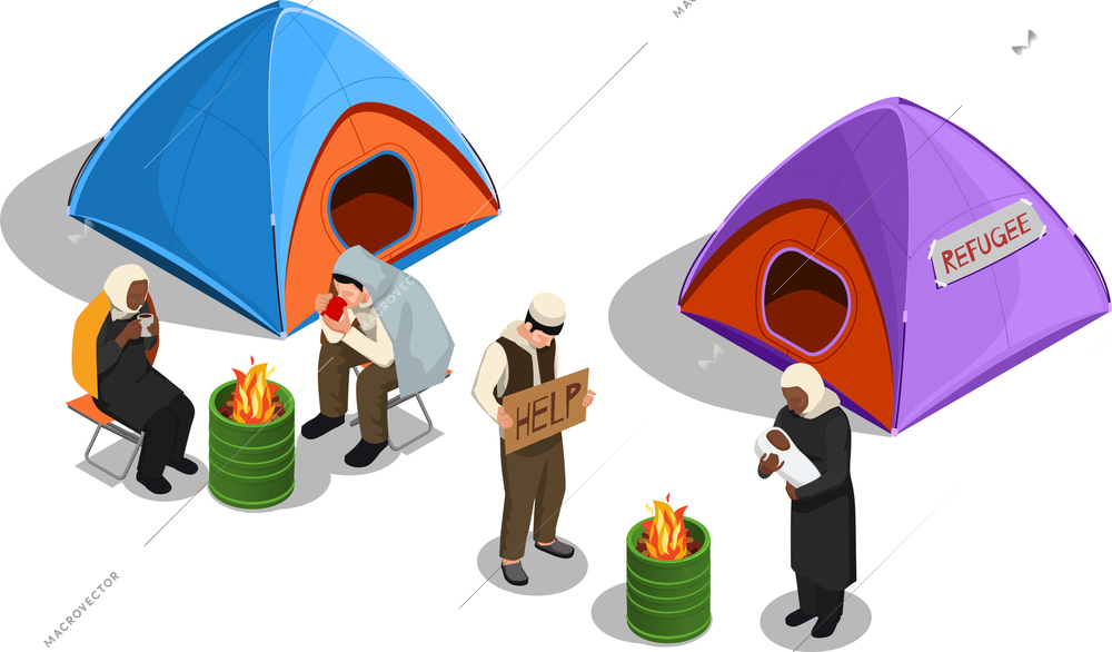 Stateless refugees asylum icons isometric composition with images of tents and group of displaced person characters vector illustration
