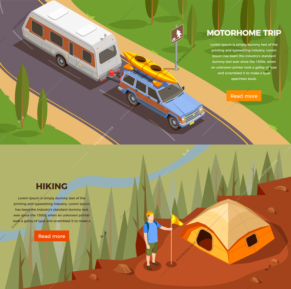 Camping hiking isometric icons horizontal banners set with read more button editable text and trip images vector illustration