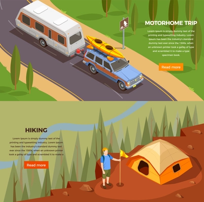 Camping hiking isometric icons horizontal banners set with read more button editable text and trip images vector illustration