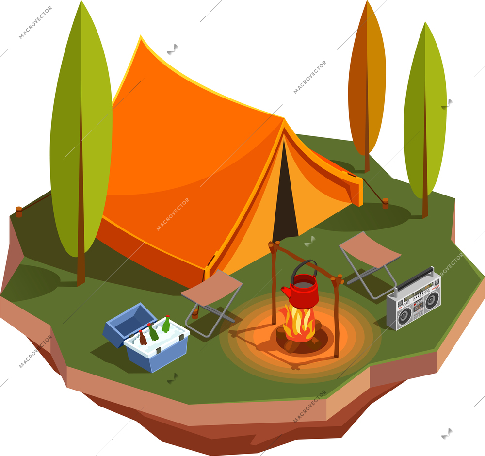 Camping hiking isometric icons composition with view of forest meadow with tent and kettle on campfire vector illustration