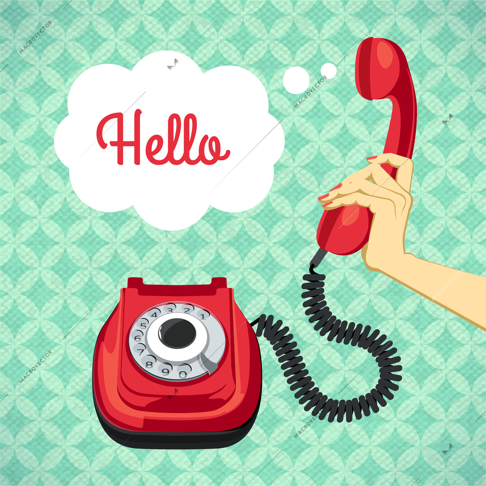 Hand holding old telephone retro poster vector illustration