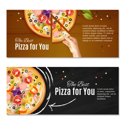 Realistic pizza on chalk board and hand with piece of italian dish, horizontal banners isolated vector illustration