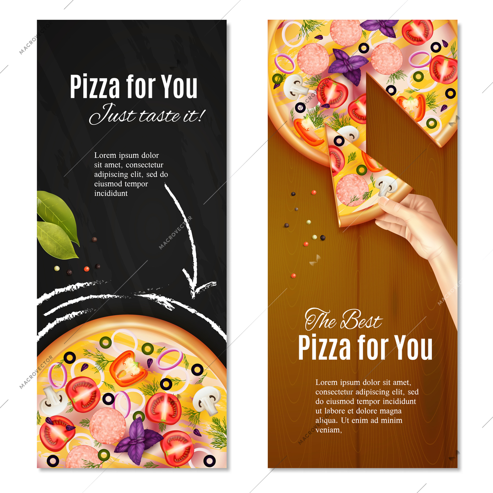 Realistic pizza with sausage and vegetables on chalk board and wooden background vertical banners isolated vector illustration