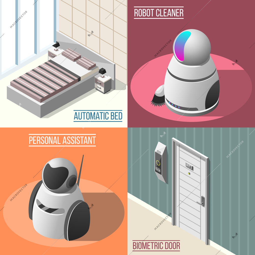 Robotized hotels 2x2 design concept set of biometric door automatic bed robot cleaner and personal assistant isometric icons vector illustration