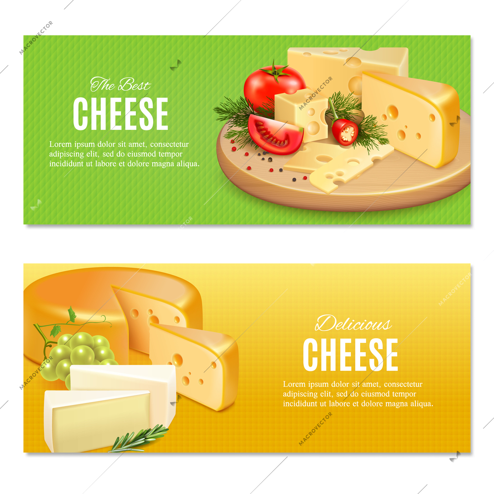 Realistic cheeses with spices and vegetables on green and yellow textured background horizontal banners isolated vector illustration