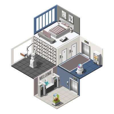 Robotized hotels isometric interior with robotic reception automatic bed robotic cleaner and assistants vector illustration