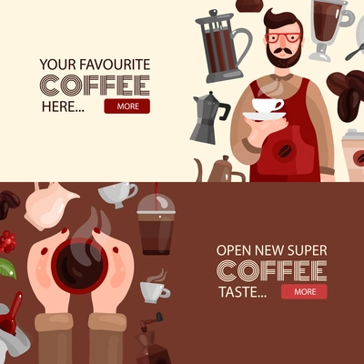 Coffee production horizontal banners with advertising your favorite grade of coffee and offer to try new taste flat vector illustration