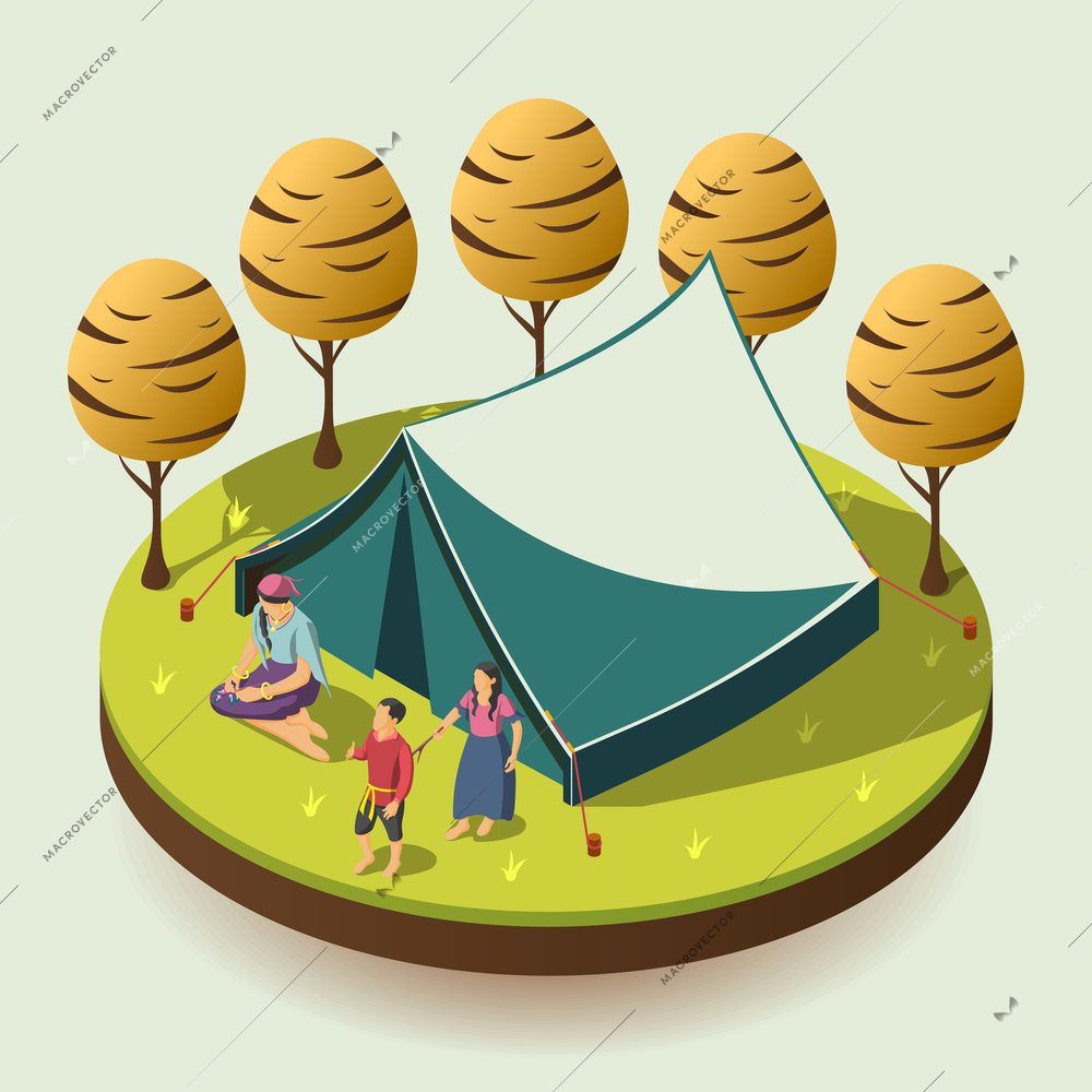 Gypsy camping outdoors design concept with romany family resting near tent isometric  vector illustration