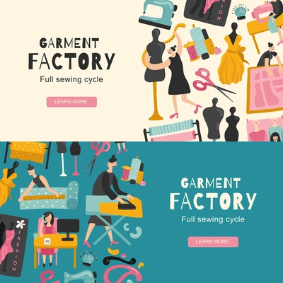 Garment factory horizontal banners with icons showing full sewing cycle flat vector illustration