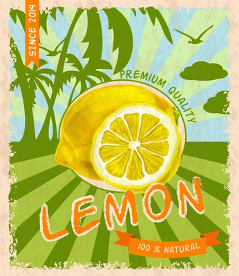 Natural fresh organic lemon premium quality retro poster vector illustration