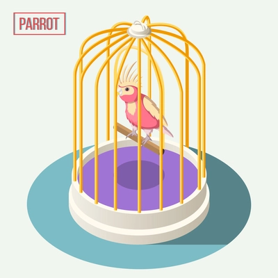 Exotic pets isometric composition with parrot sitting on wooden perch in cage cartoon vector illustration