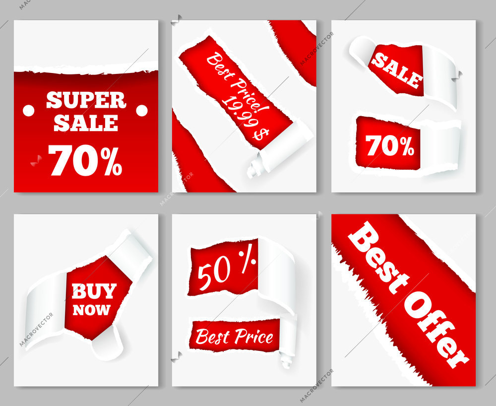 Torn paper curls revealing super sales discount prices on red background realistic cards set isolated vector illustration