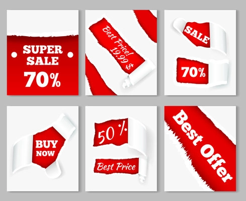 Torn paper curls revealing super sales discount prices on red background realistic cards set isolated vector illustration