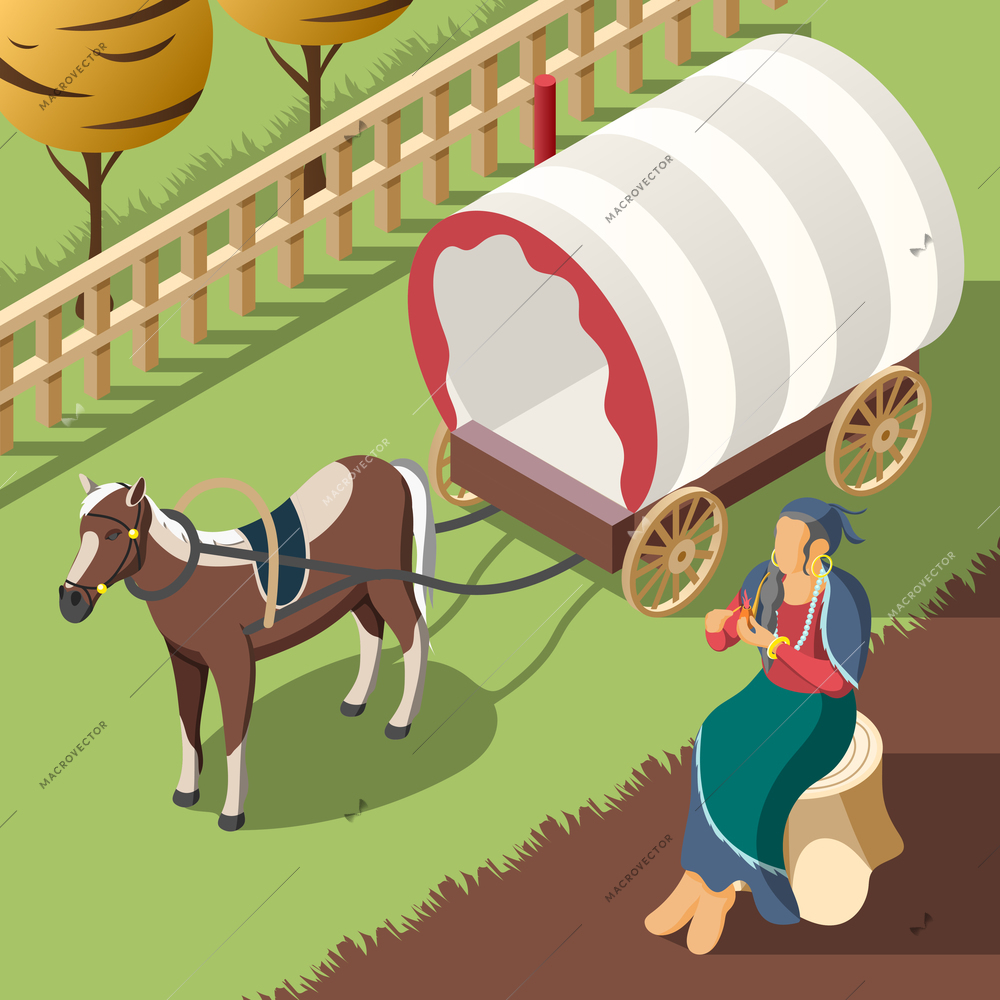 Gypsy customs isometric background with horse harnessed to wagon and romany woman sitting on stump vector illustration
