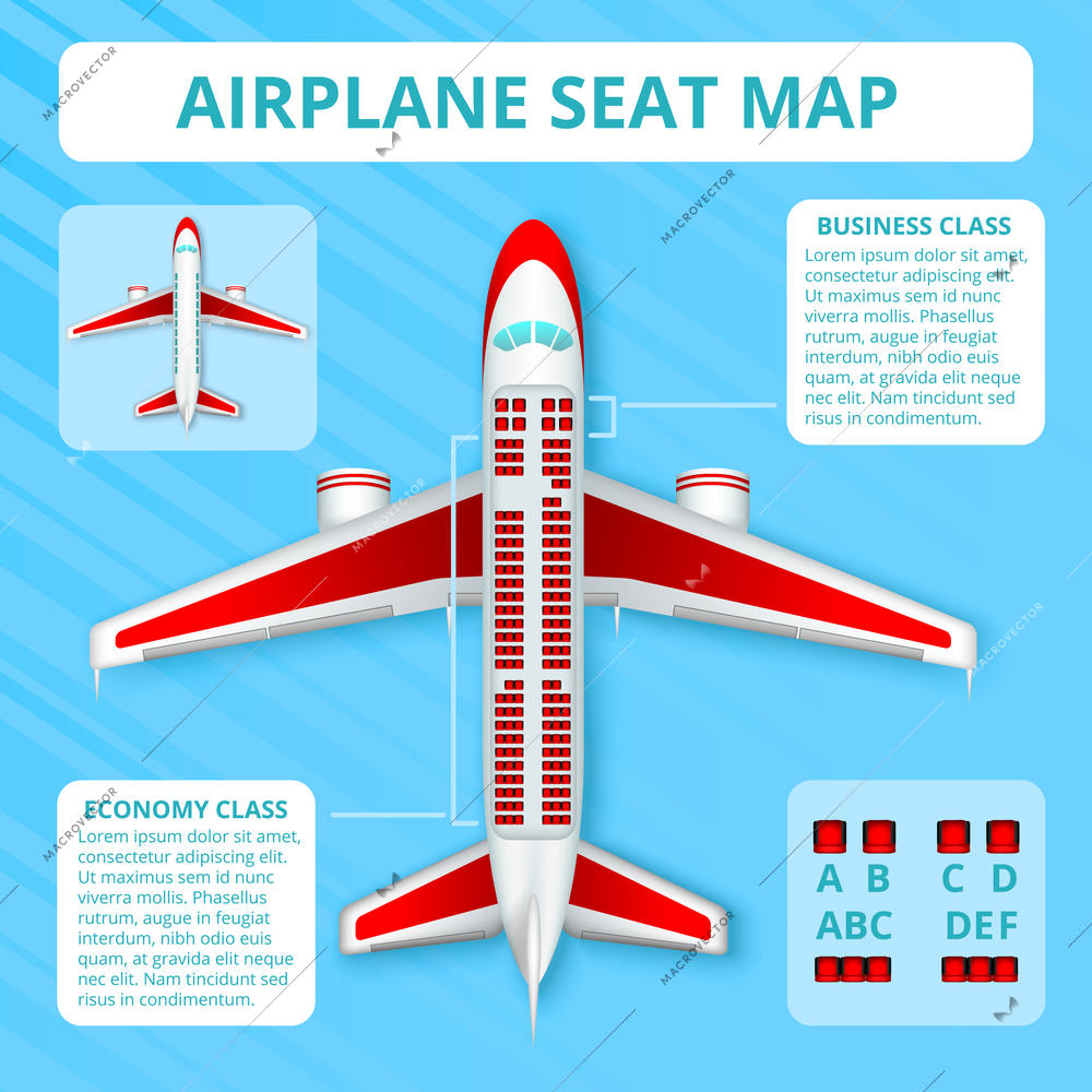 Passenger airplane seat map realistic top view layout blue background poster airline information vector illustration