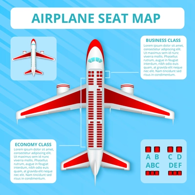 Passenger airplane seat map realistic top view layout blue background poster airline information vector illustration