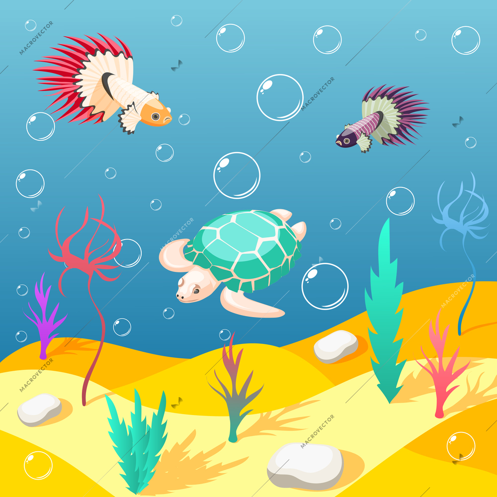 Inhabitants of underwater world isometric background with sand seabed exotic turtle and birds cartoon vector illustration