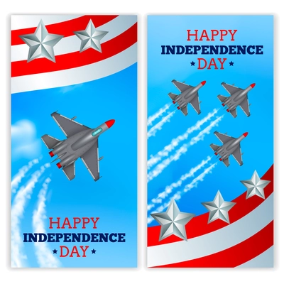 Independence day celebration military airshow 2 realistic vertical festive banners with flying airplanes isolated vector illustration