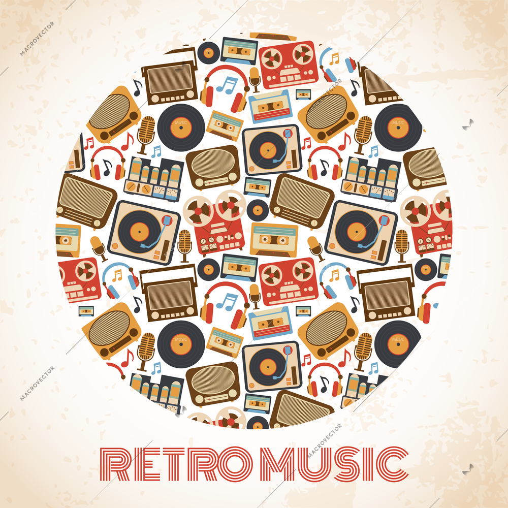 Retro music poster with analog technology icons vector illustration