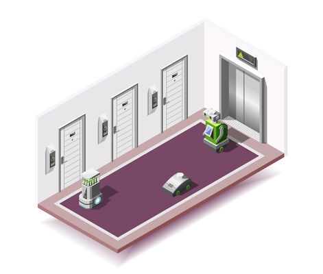 Hall interior of robotized hotel isometric composition with biometric doors automatic lift and robotic machines for service vector illustration