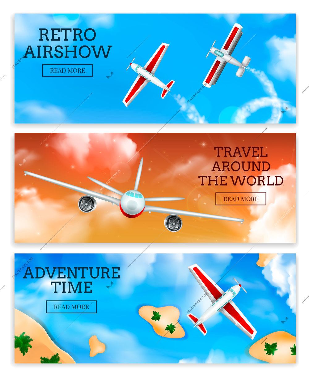 Retro airshow and travel agency airlines advertisement 3 realistic horizontal banners with flying aircraft isolated vector illustration