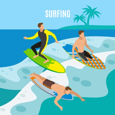 Three young men with colorful boards during surfing on marine waves isometric background vector illustration