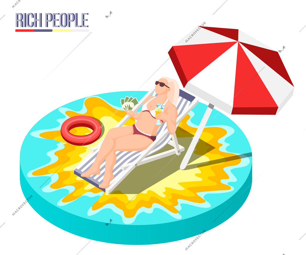 Rich people isometric composition with young woman lying in sun lounger and fanning herself with money fan vector illustration