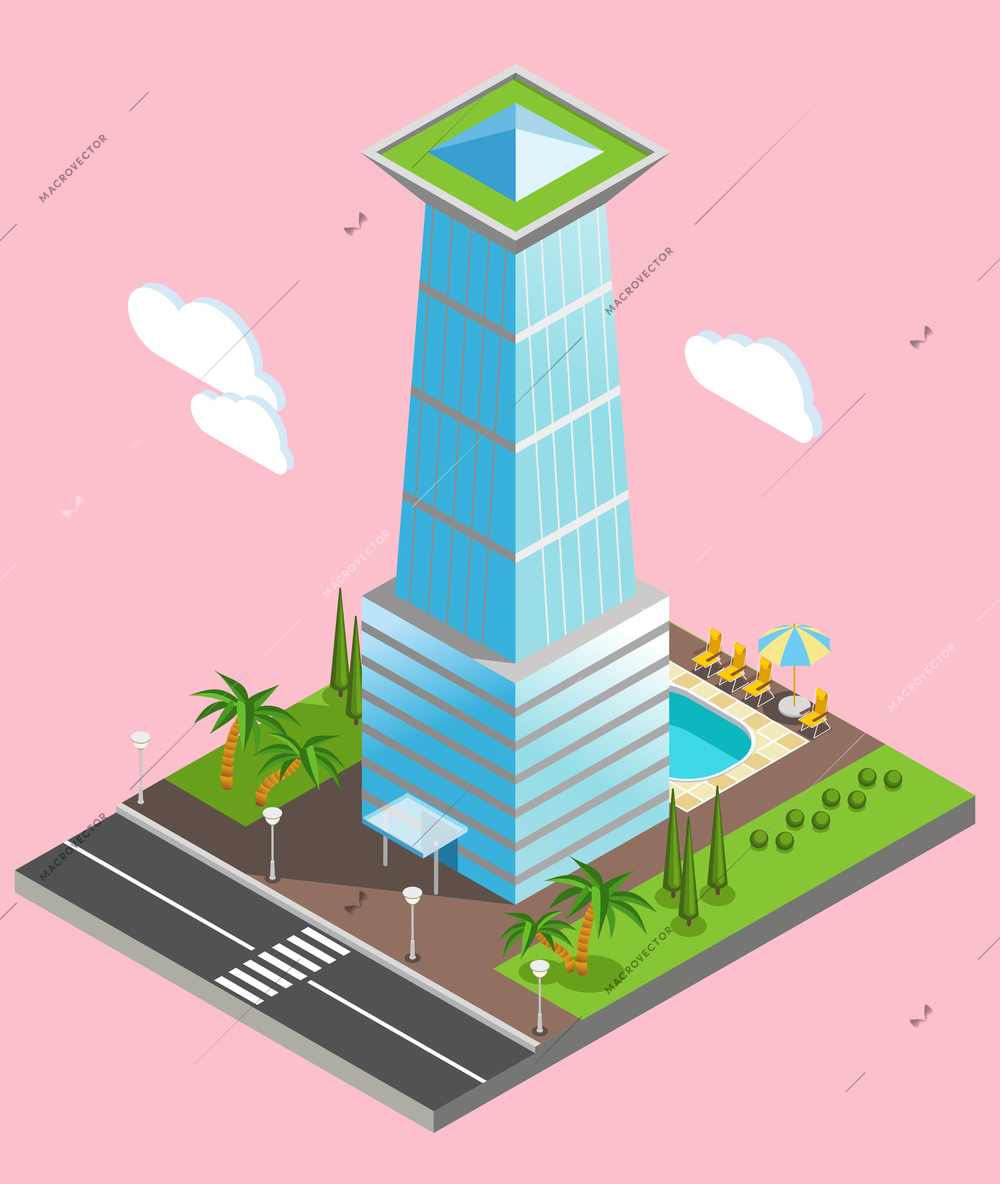 Isometric futuristic sky scraper from glass with environment infrastructure on pale pink background vector illustration
