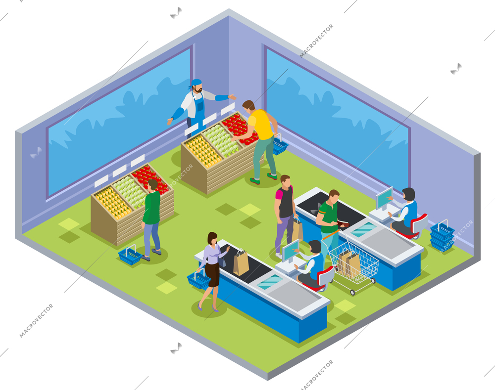 Shopping isometric composition with people during vegetables buying and payment on cash desk vector illustration