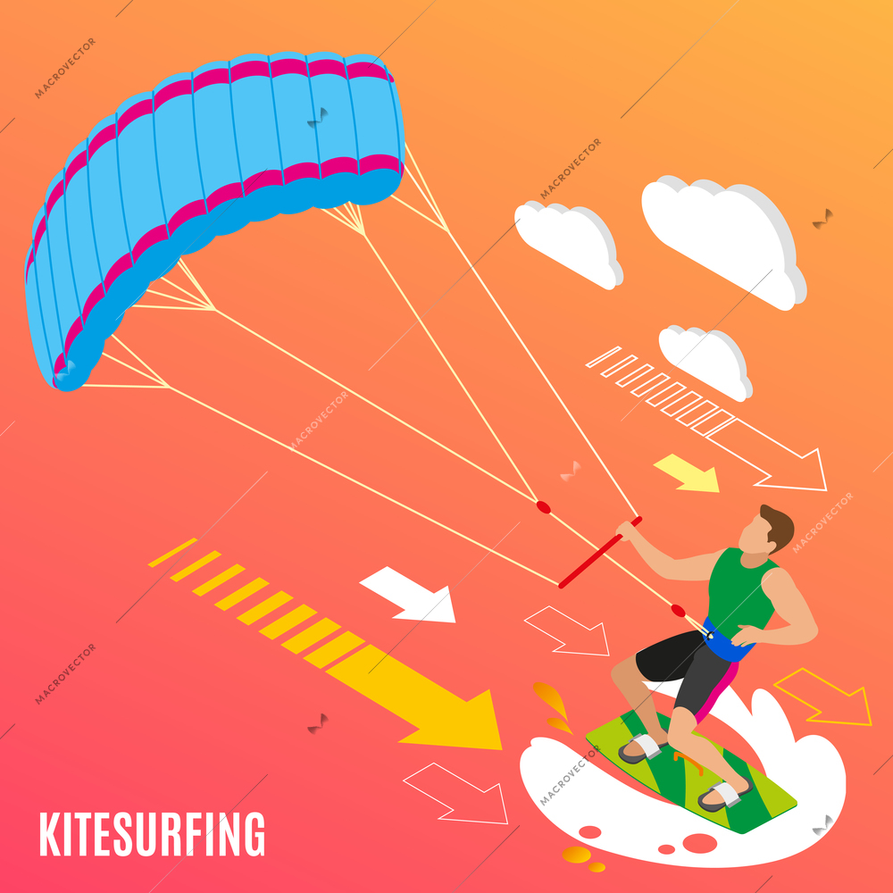 Man with blue parachute on green board during kite surfing on orange background isometric vector illustration